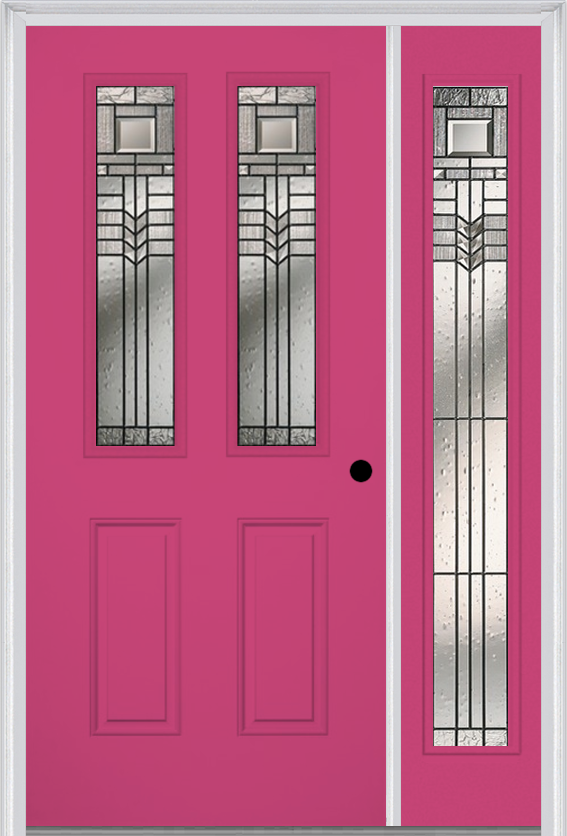 MMI 2-1/2 Lite 2 Panel 6'8" Fiberglass Smooth Oak Park Patina Exterior Prehung Door With 1 Full Lite Oak Park Patina Decorative Glass Sidelight 692